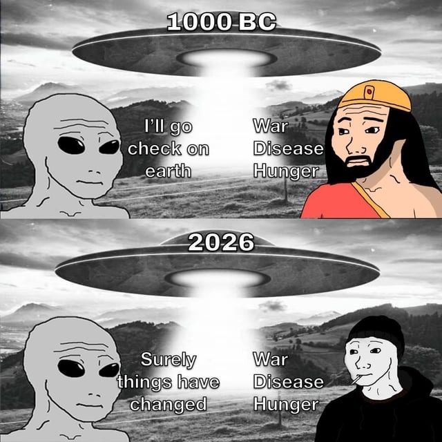 1000 BC. I'll go check on earth. War Disease Hunger. 2026. Surely things have changed. War Disease Hunger.