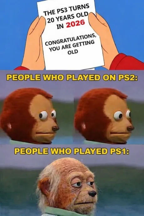 THE PS3 TURNS 20 YEARS OLD IN 2026. CONGRATULATIONS, YOU ARE GETTING OLD. PEOPLE WHO PLAYED ON PS2: PEOPLE WHO PLAYED PS1: