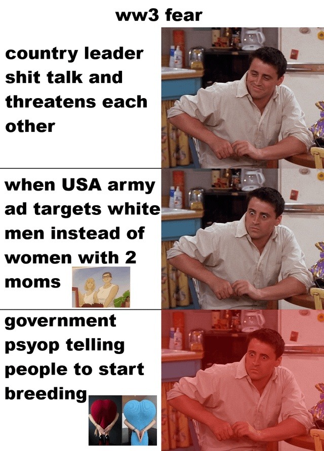 ww3 fear country leader shit talk and threatens each other when USA army ad targets white men instead of women with 2 moms government psyop telling people to start breeding
