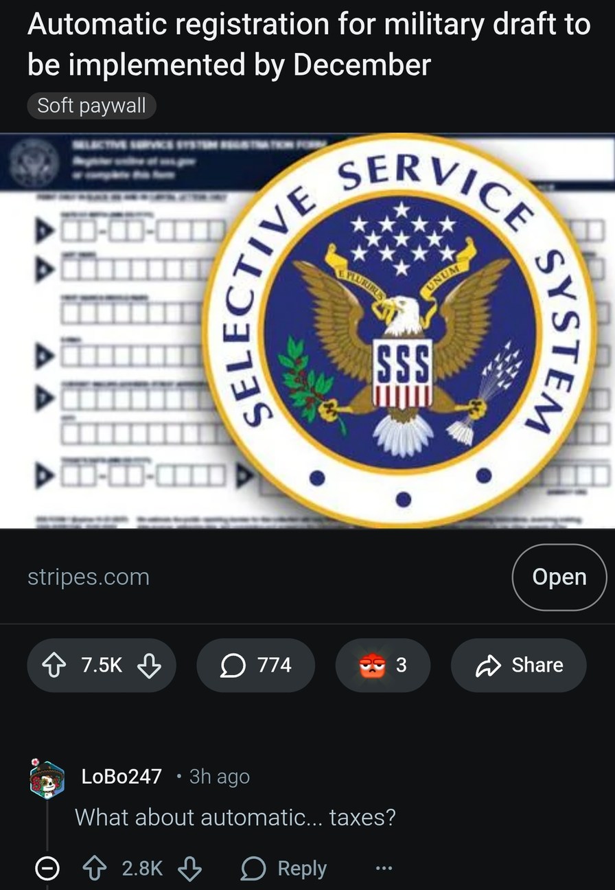 Automatic registration for military draft to be implemented by December. Soft paywall. The image displays a Selective Service System form and its official logo, which includes the text 'E PLURIBUS UNUM' and 'SSS'. A user comment by LoBo247 asks: 'What about automatic... taxes?'