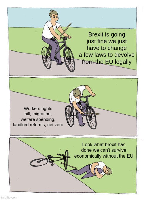 Brexit is going just fine we just have to change a few laws to devolve from the EU legally. Workers rights bill, migration, welfare spending, landlord reforms, net zero. Look what brexit has done we can't survive economically without the EU.