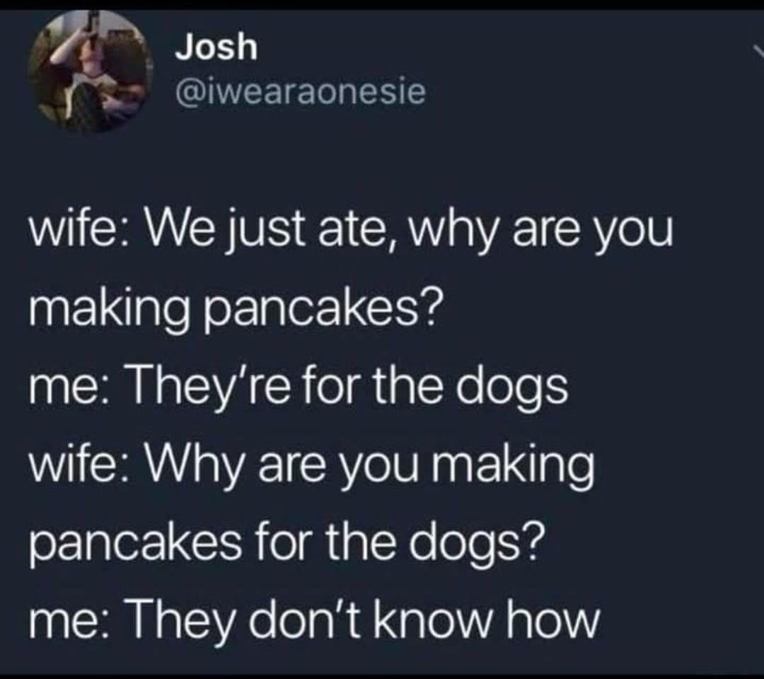 wife: We just ate, why are you making pancakes? me: They're for the dogs wife: Why are you making pancakes for the dogs? me: They don't know how