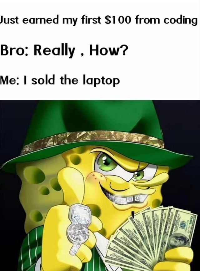 Just earned my first $100 from coding Bro: Really, How? Me: I sold the laptop