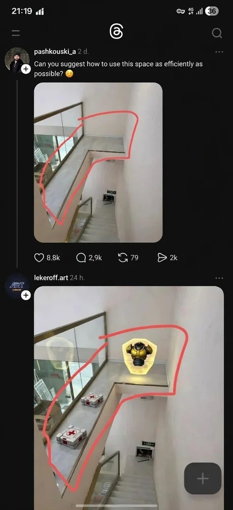 Can you suggest how to use this space as efficiently as possible? The image shows a hallway next to a staircase, outlined in red. A reply shows the same space filled with a Doom Praetor Suit helmet and two medkits, glowing as in a video game.