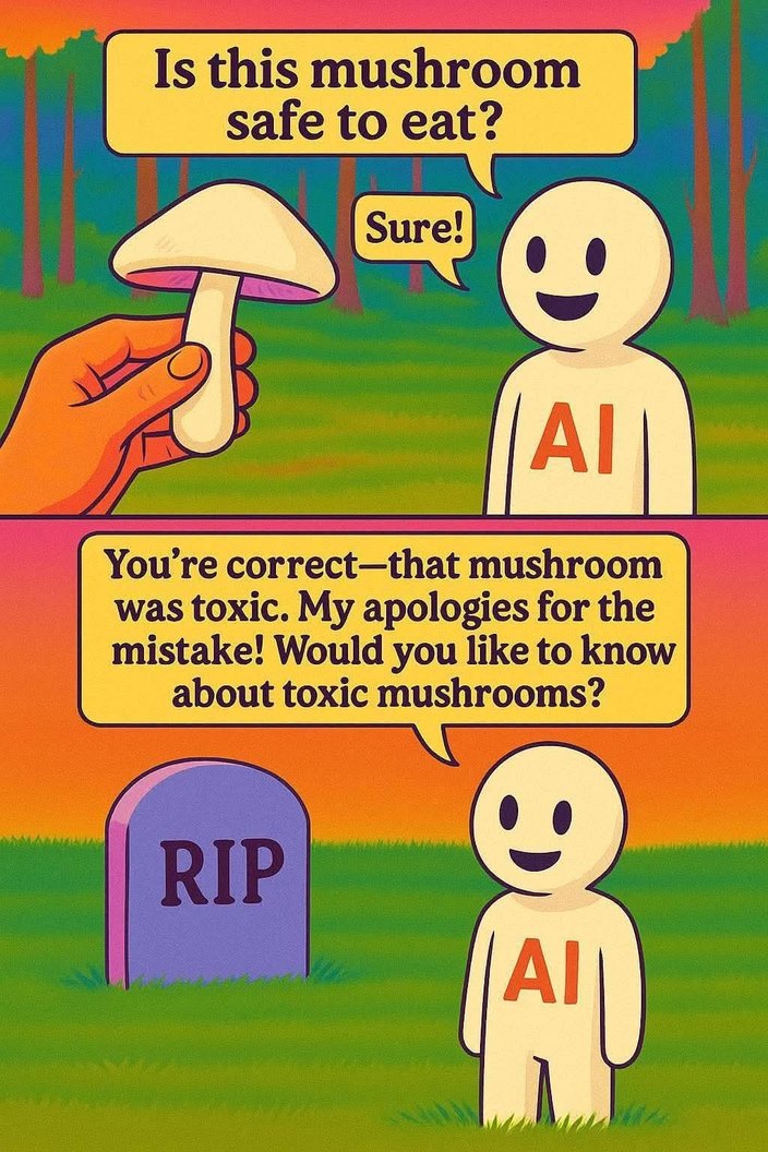 Is this mushroom safe to eat? Sure! AI You're correct—that mushroom was toxic. My apologies for the mistake! Would you like to know about toxic mushrooms? RIP AI