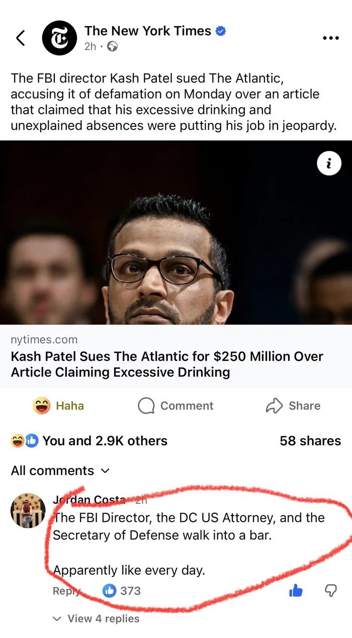 The New York Times. The FBI director Kash Patel sued The Atlantic, accusing it of defamation on Monday over an article that claimed that his excessive drinking and unexplained absences were putting his job in jeopardy. Kash Patel Sues The Atlantic for $250 Million Over Article Claiming Excessive Drinking. Comment by Jordan Costa: The FBI Director, 