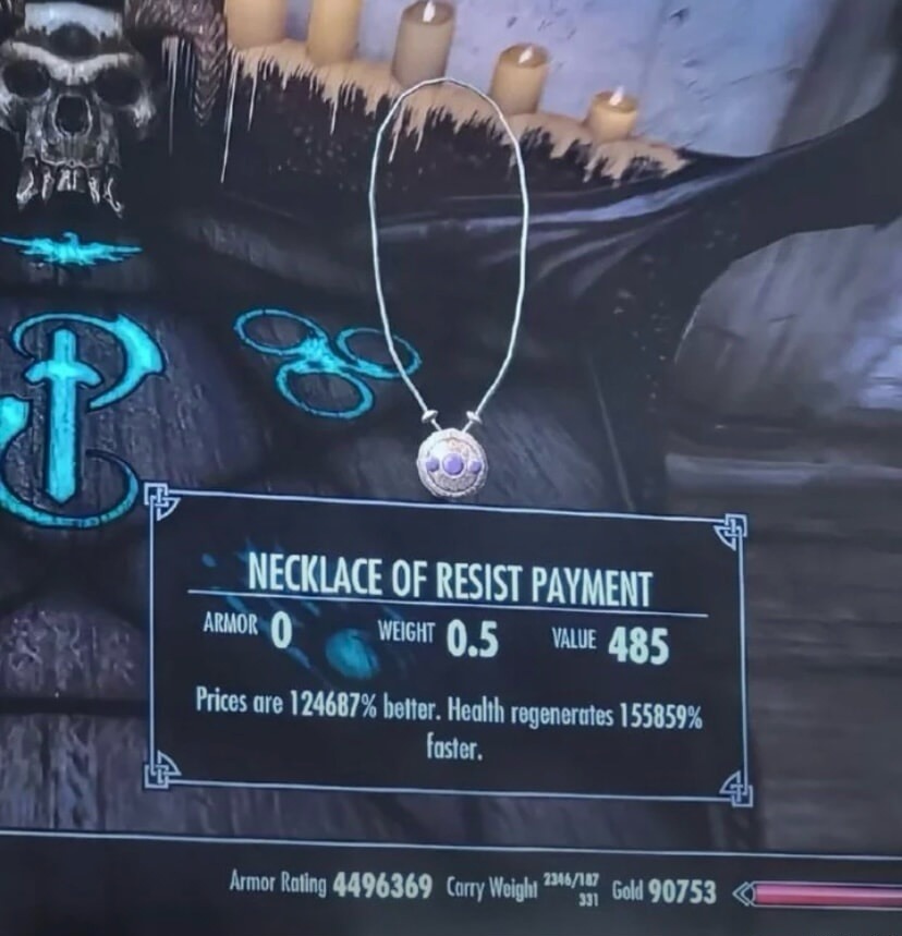 NECKLACE OF RESIST PAYMENT ARMOR 0 WEIGHT 0.5 VALUE 485 Prices are 124687% better. Health regenerates 155859% faster.