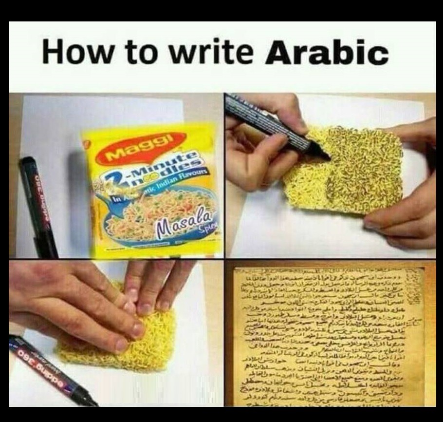 How to write Arabic. Maggi 2-Minute Noodles, Masala Spice, Authentic Indian Flavours. A person colors instant noodles with a marker, then presses them onto paper, resulting in text that resembles old Arabic script.