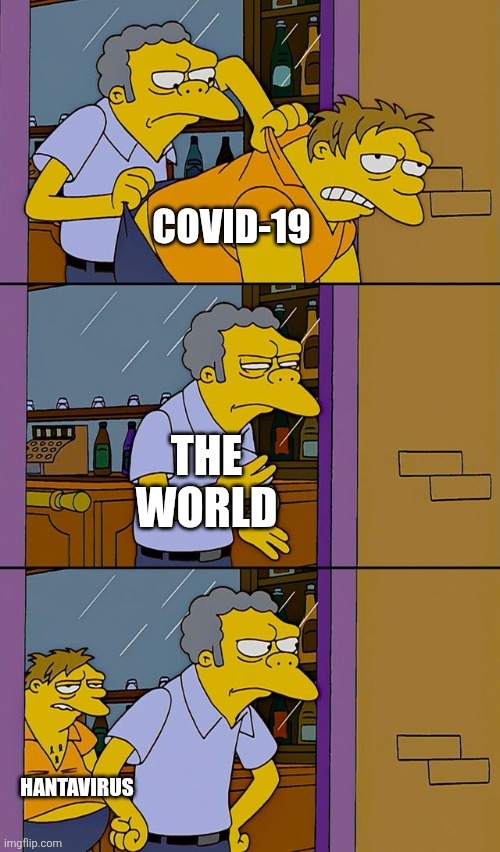 Moe is throwing out COVID-19. Moe, representing the world, looks annoyed. Then, Hantavirus peeks back in.