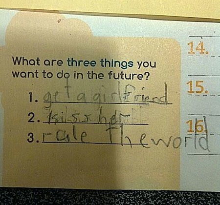 What are three things you want to do in the future?
1. get a girlfriend
2. kiss her
3. rule the world