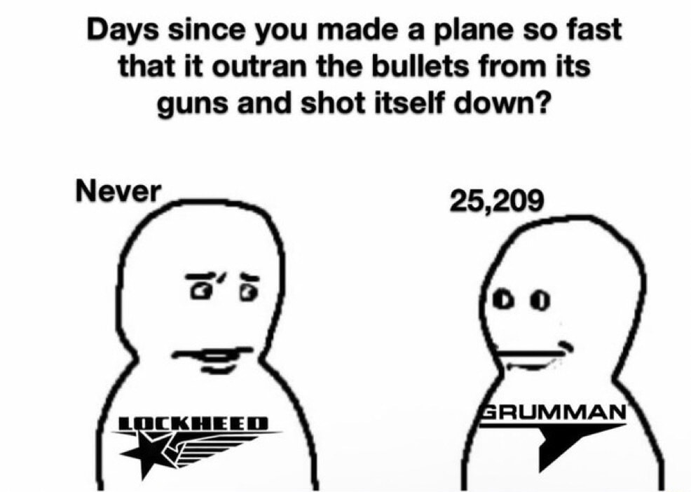 Days since you made a plane so fast that it outran the bullets from its guns and shot itself down? Never 25,209 LOCKHEED GRUMMAN