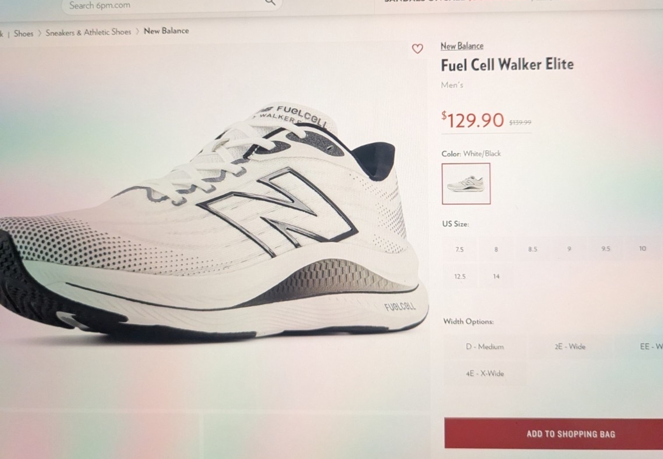 Search 6pm.com. Shoes, Sneakers & Athletic Shoes, New Balance. Fuel Cell Walker Elite. Men's. Price $129.90, original $139.99. Color: White/Black. US Size options: 7.5, 8, 8.5, 9, 9.5, 10, 12.5, 14. Width Options: D - Medium, 2E - Wide, EE - Wide, 4E - X-Wide. Add to Shopping Bag. FuelCell Walker Elite. FuelCell.