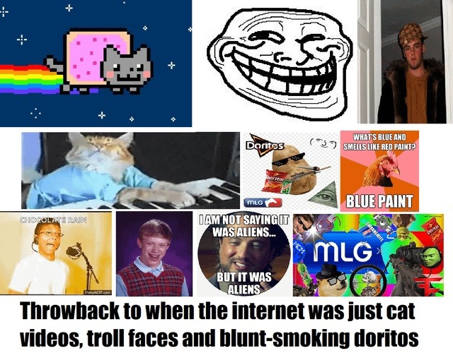Nyan Cat, Troll Face, Keyboard Cat, Doritos, MLG, What's blue and smells like red paint? Blue paint, Chocolate Rain, I am not saying it was aliens... but it was aliens. Throwback to when the internet was just cat videos, troll faces and blunt-smoking doritos.