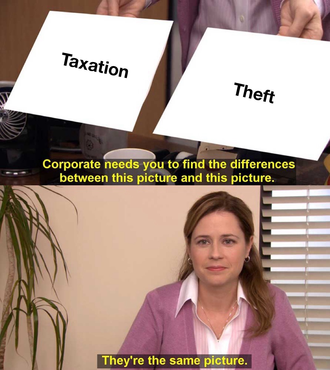 Taxation. Theft. Corporate needs you to find the differences between this picture and this picture. They're the same picture.