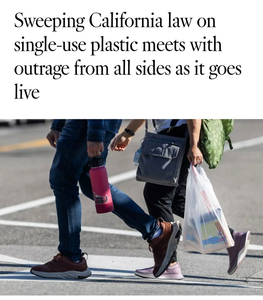 Sweeping California law on single-use plastic meets with outrage from all sides as it goes live