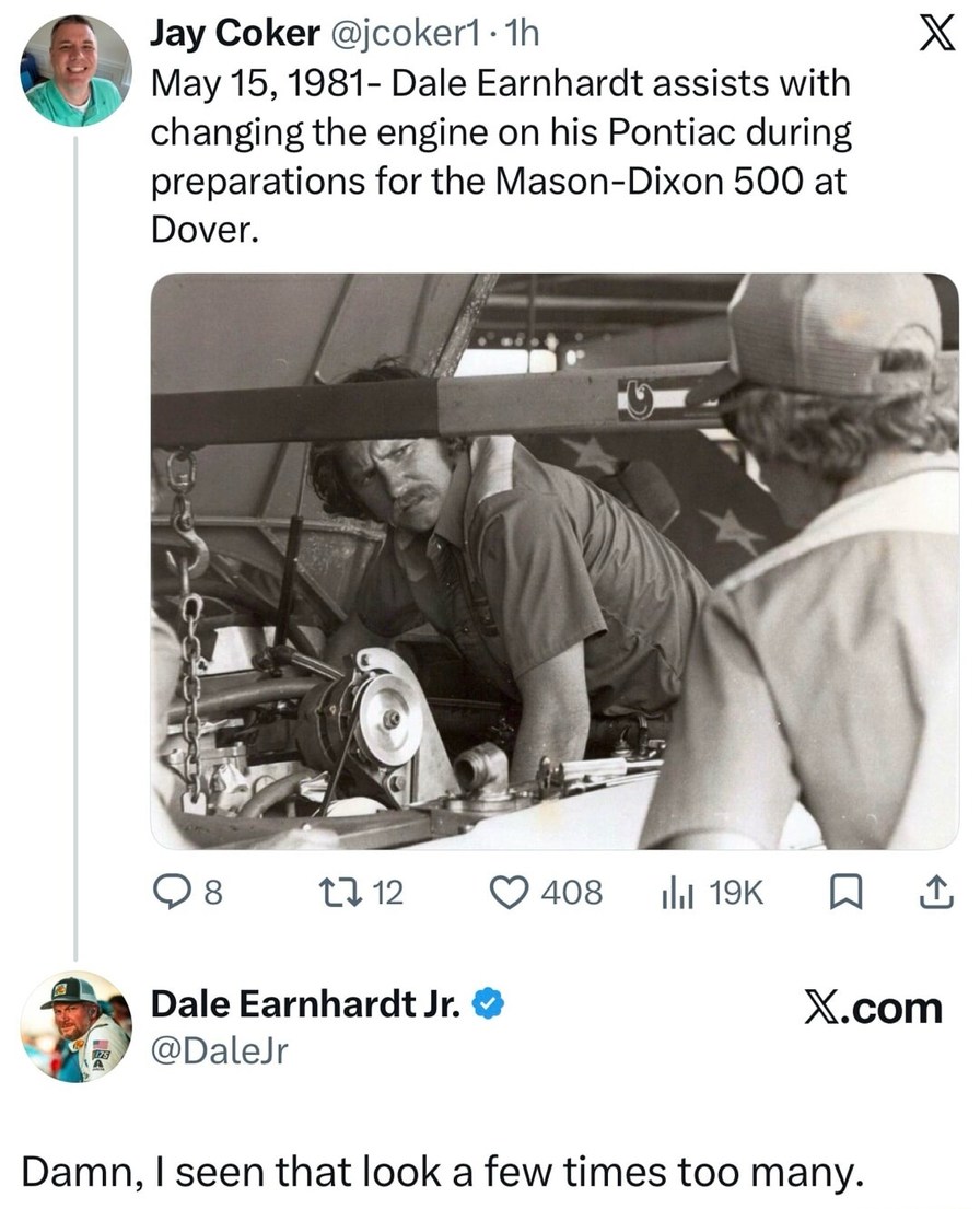 May 15, 1981- Dale Earnhardt assists with changing the engine on his Pontiac during preparations for the Mason-Dixon 500 at Dover. Damn, I seen that look a few times too many.
