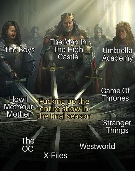The Boys, The Man In The High Castle, Umbrella Academy, How I Met Your Mother, Game Of Thrones, Stranger Things, The OC, X-Files, Westworld. Fucking up the entire show in the final season.