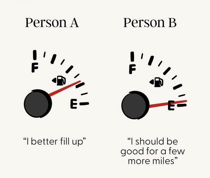 Person A: I better fill up. Person B: I should be good for a few more miles.