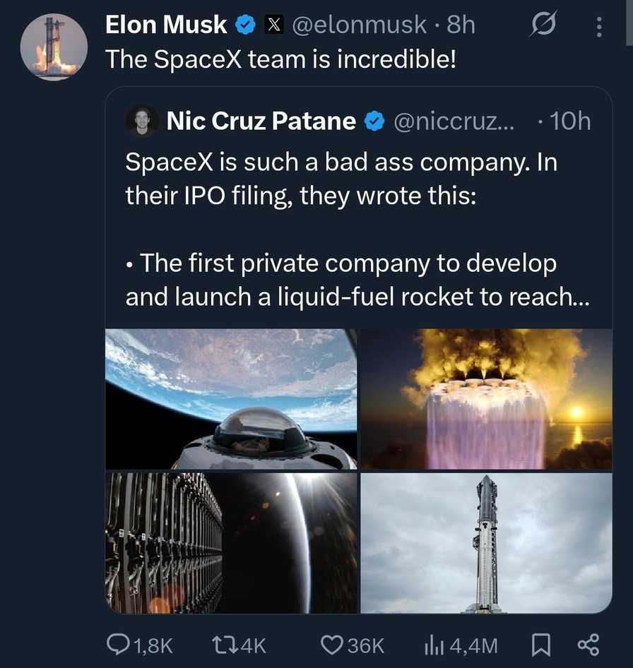 Elon Musk: The SpaceX team is incredible! Nic Cruz Patane: SpaceX is such a bad ass company. In their IPO filing, they wrote this: The first private company to develop and launch a liquid-fuel rocket to reach...