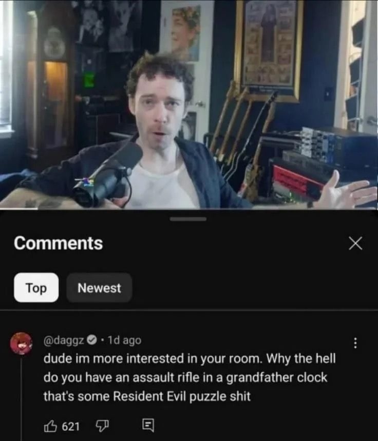 dude im more interested in your room. Why the hell do you have an assault rifle in a grandfather clock that's some Resident Evil puzzle shit