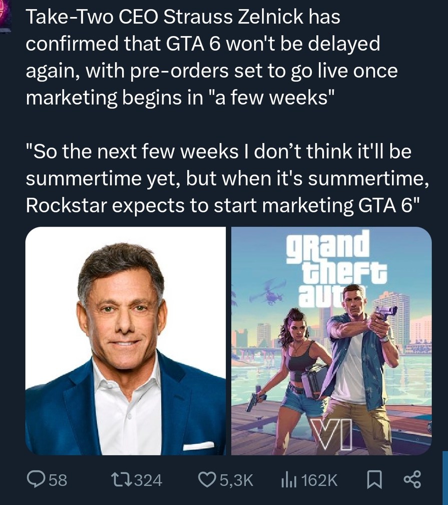 Take-Two CEO Strauss Zelnick has confirmed that GTA 6 won't be delayed again, with pre-orders set to go live once marketing begins in 