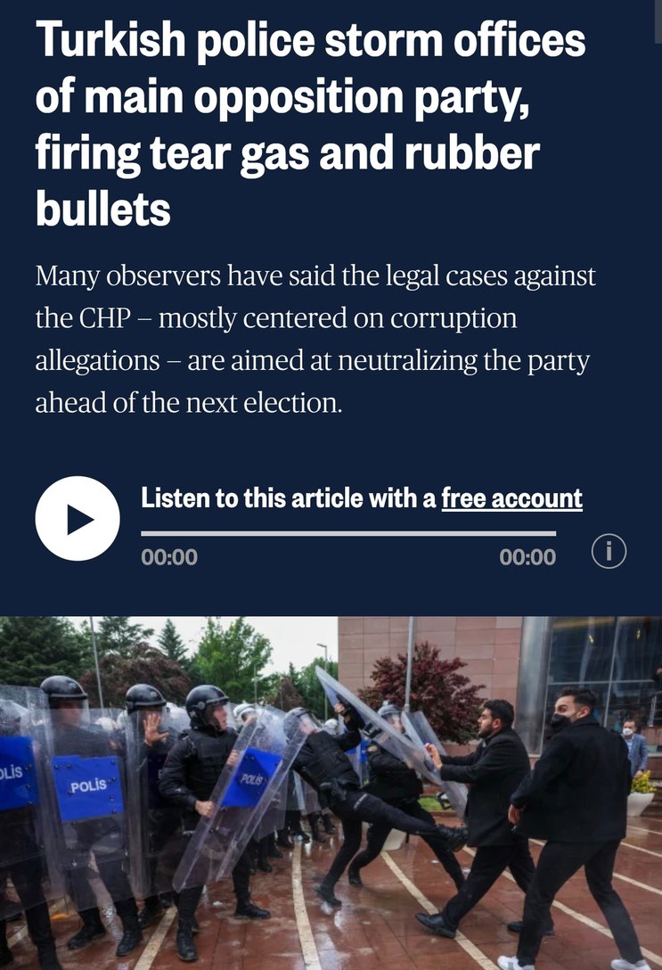 Turkish police storm offices of main opposition party, firing tear gas and rubber bullets. Many observers have said the legal cases against the CHP - mostly centered on corruption allegations - are aimed at neutralizing the party ahead of the next election. Listen to this article with a free account. POLIS.