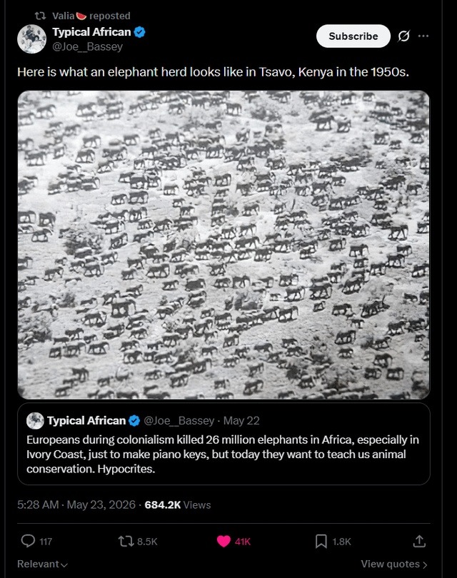 Here is what an elephant herd looks like in Tsavo, Kenya in the 1950s. Europeans during colonialism killed 26 million elephants in Africa, especially in Ivory Coast, just to make piano keys, but today they want to teach us animal conservation. Hypocrites.