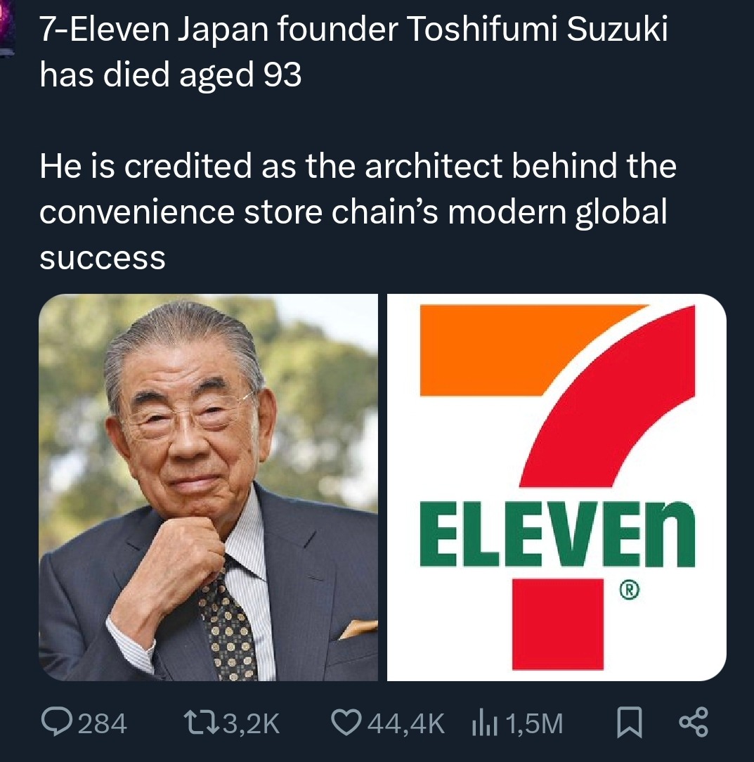 7-Eleven Japan founder Toshifumi Suzuki has died aged 93. He is credited as the architect behind the convenience store chain's modern global success.