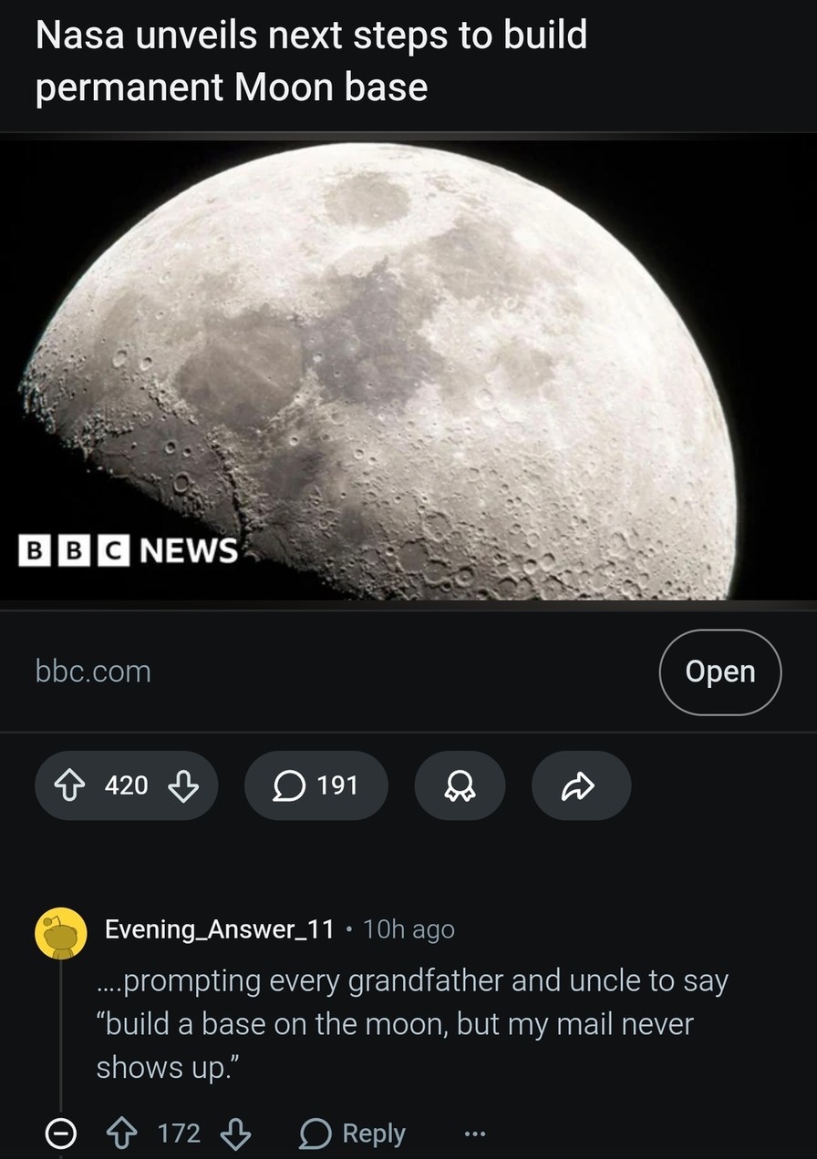 NASA unveils next steps to build permanent Moon base BBC NEWS bbc.com ...prompting every grandfather and uncle to say 