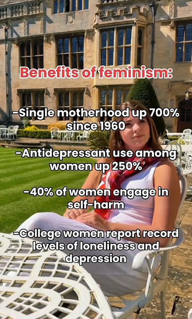 Benefits of feminism: Single motherhood up 700% since 1960. Antidepressant use among women up 250%. 40% of women engage in self-harm. College women report record levels of loneliness and depression.