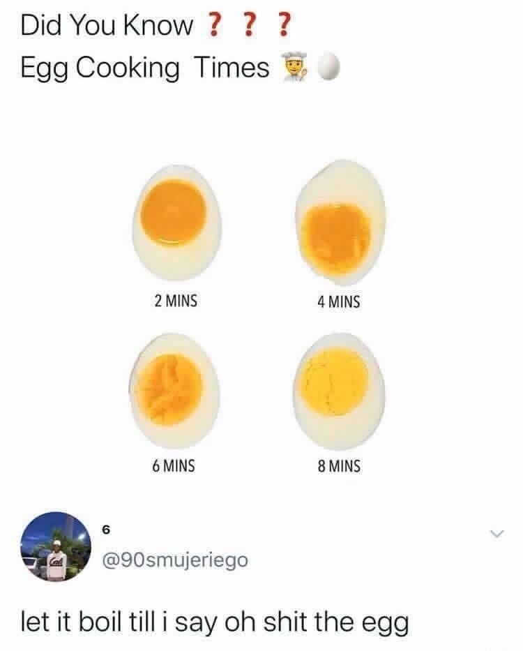 Did You Know ??? Egg Cooking Times 🧑‍🍳🥚 2 MINS 4 MINS 6 MINS 8 MINS let it boil till i say oh shit the egg