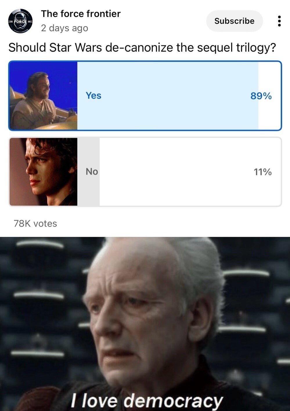 The force frontier 2 days ago Subscribe Should Star Wars de-canonize the sequel trilogy? Yes 89% No 11% 78K votes I love democracy
