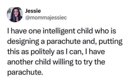 Jessie @mommajessiec I have one intelligent child who is designing a parachute and, putting this as politely as I can, I have another child willing to try the parachute.