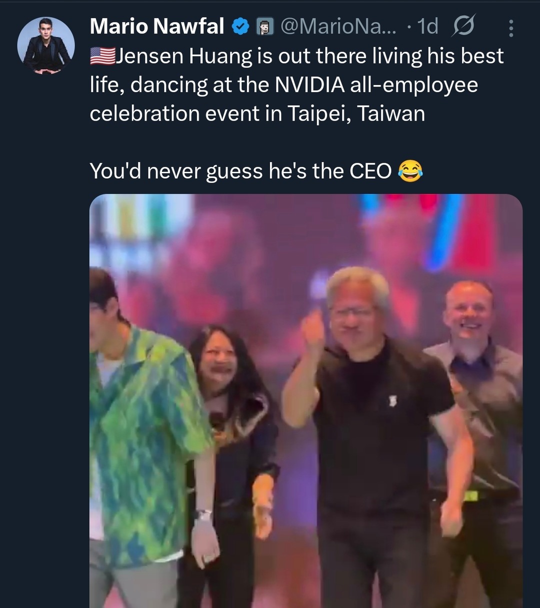 Jensen Huang is out there living his best life, dancing at the NVIDIA all-employee celebration event in Taipei, Taiwan You'd never guess he's the CEO 😂