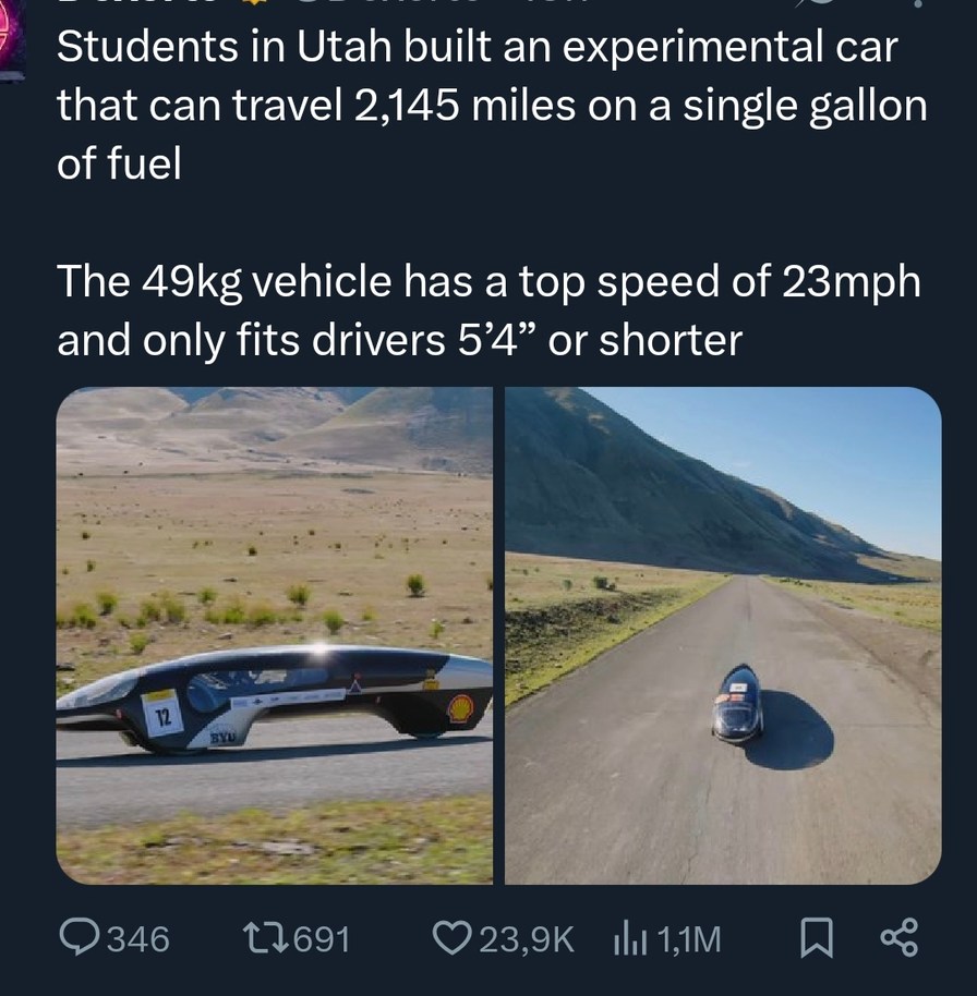 Students in Utah built an experimental car that can travel 2,145 miles on a single gallon of fuel. The 49kg vehicle has a top speed of 23mph and only fits drivers 5'4