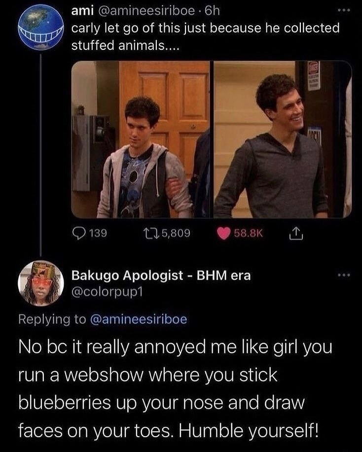 carly let go of this just because he collected stuffed animals.... No bc it really annoyed me like girl you run a webshow where you stick blueberries up your nose and draw faces on your toes. Humble yourself!