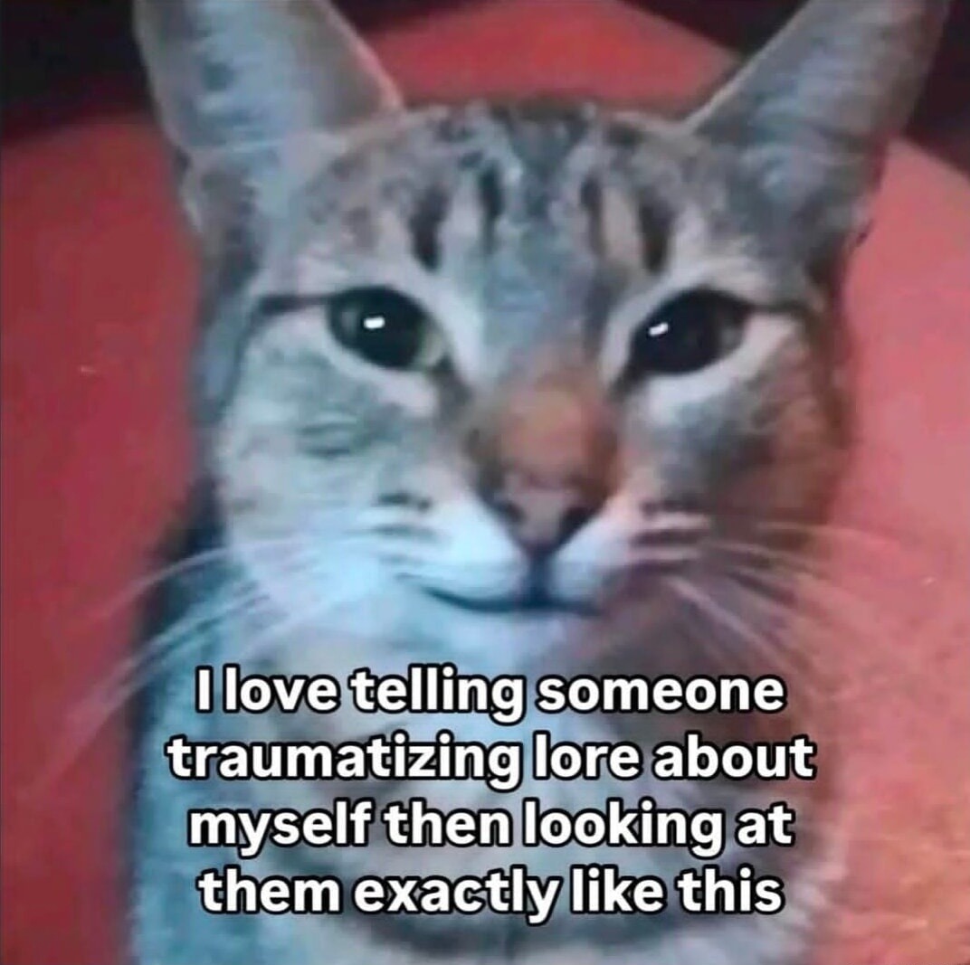 I love telling someone traumatizing lore about myself then looking at them exactly like this