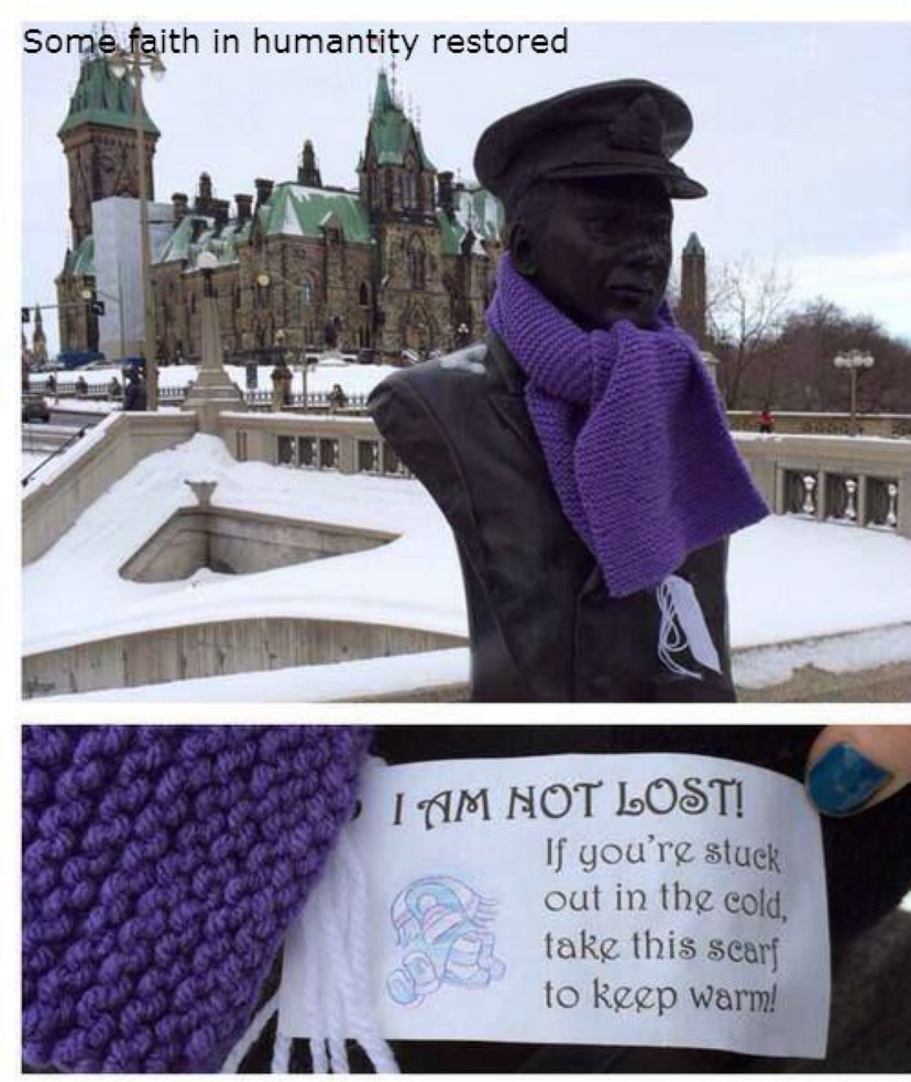 Some faith in humanity restored. I AM NOT LOST! If you're stuck out in the cold, take this scarf to keep warm!