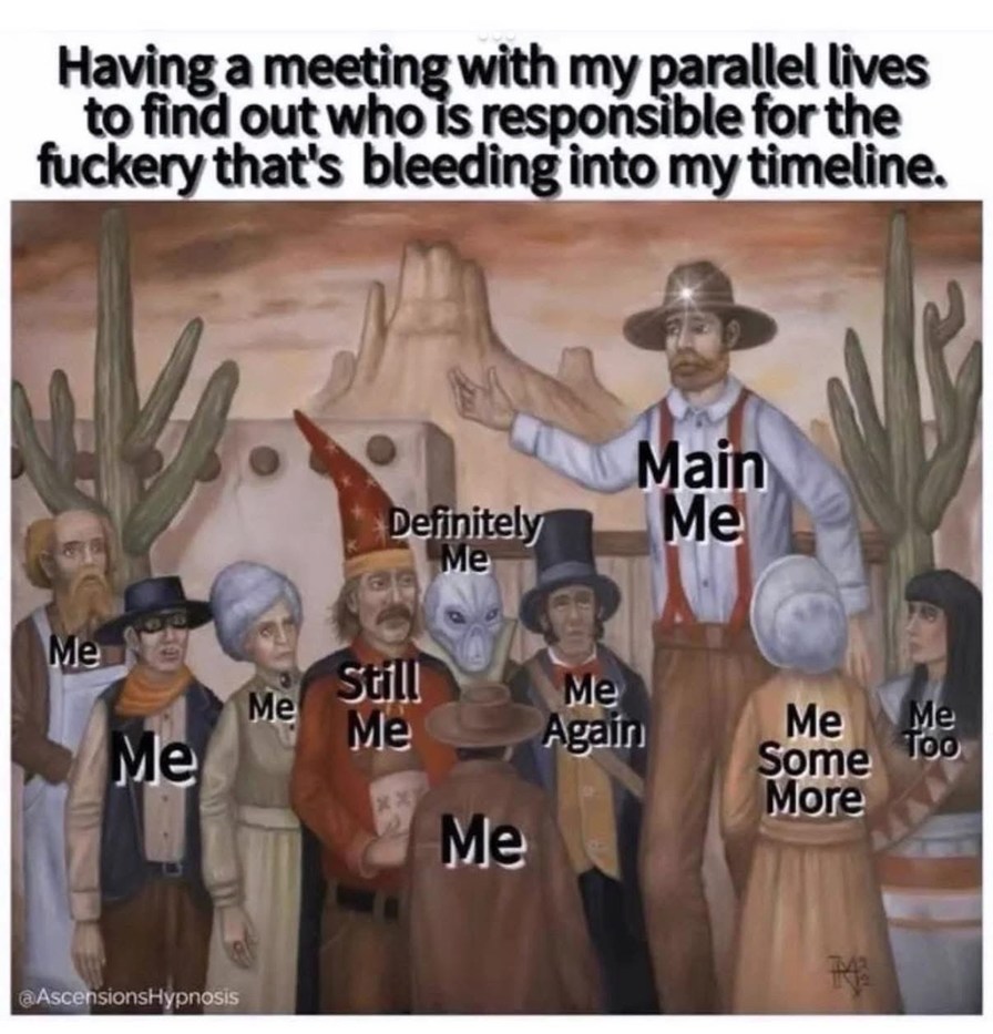 Having a meeting with my parallel lives to find out who is responsible for the fuckery that's bleeding into my timeline. Main Me. Definitely Me. Still Me. Me Again. Me Some More. Me Too. Me. Me. Me.
