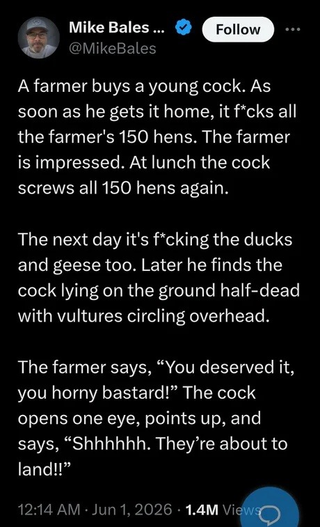 Mike Bales ... @MikeBales Follow
A farmer buys a young cock. As soon as he gets it home, it f*cks all the farmer's 150 hens. The farmer is impressed. At lunch the cock screws all 150 hens again.
The next day it's f*cking the ducks and geese too. Later he finds the cock lying on the ground half-dead with vultures circling overhead.
The farmer says, 