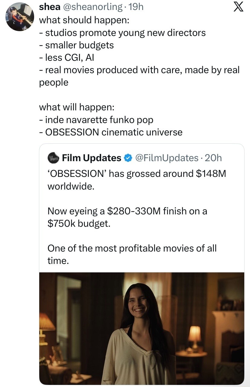 what should happen: - studios promote young new directors - smaller budgets - less CGI, AI - real movies produced with care, made by real people what will happen: - inde navarette funko pop - OBSESSION cinematic universe 'OBSESSION' has grossed around $148M worldwide. Now eyeing a $280-330M finish on a $750k budget. One of the most profitable movie