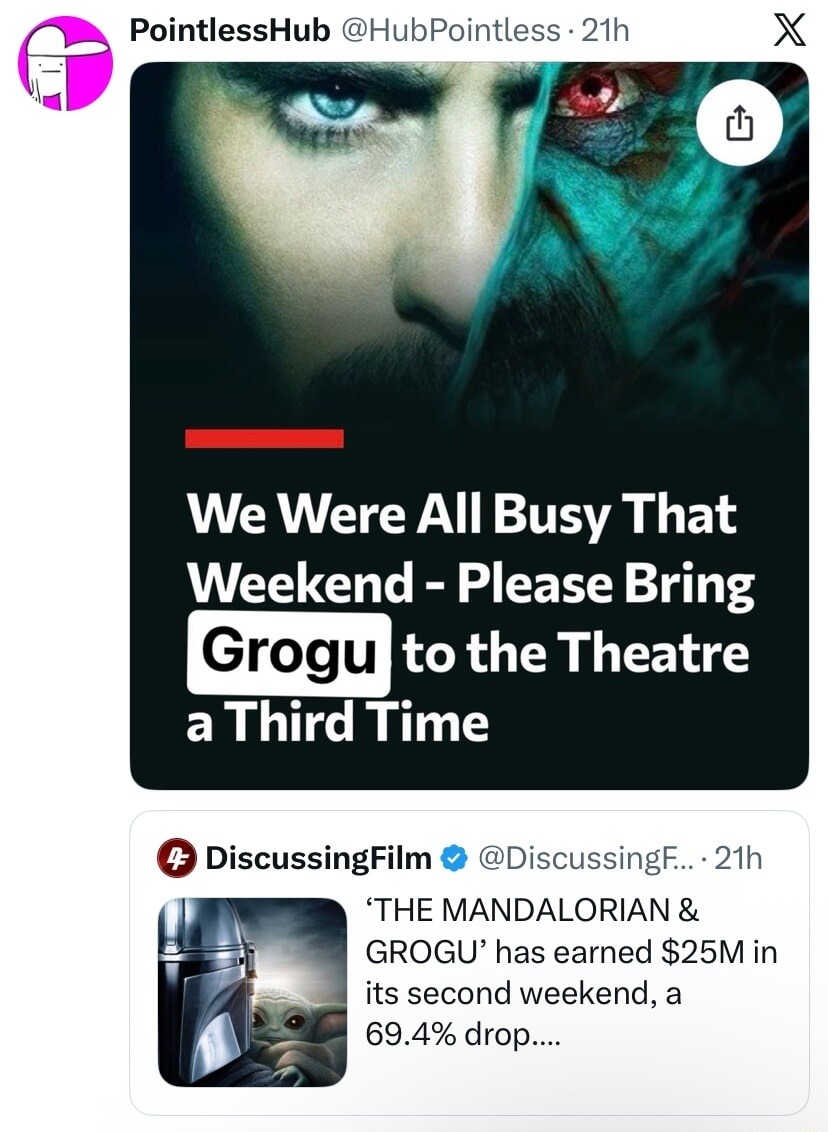 PointlessHub @HubPointless 21h We Were All Busy That Weekend - Please Bring Grogu to the Theatre a Third Time DiscussingFilm @DiscussingF... 21h 'THE MANDALORIAN & GROGU' has earned $25M in its second weekend, a 69.4% drop....