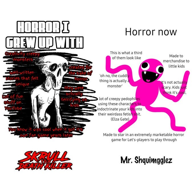 HORROR I GREW UP WITH Creativity creepy monsters Well-written stories that felt unique Lot of fun stuff on YouTube created for the sake of horror they were actually terrifying as kids You know it was cool when it got its own fan game years later SKRULL THE DEATH KILLER Horror now This is what a third of them look like Made to merchandise to little 