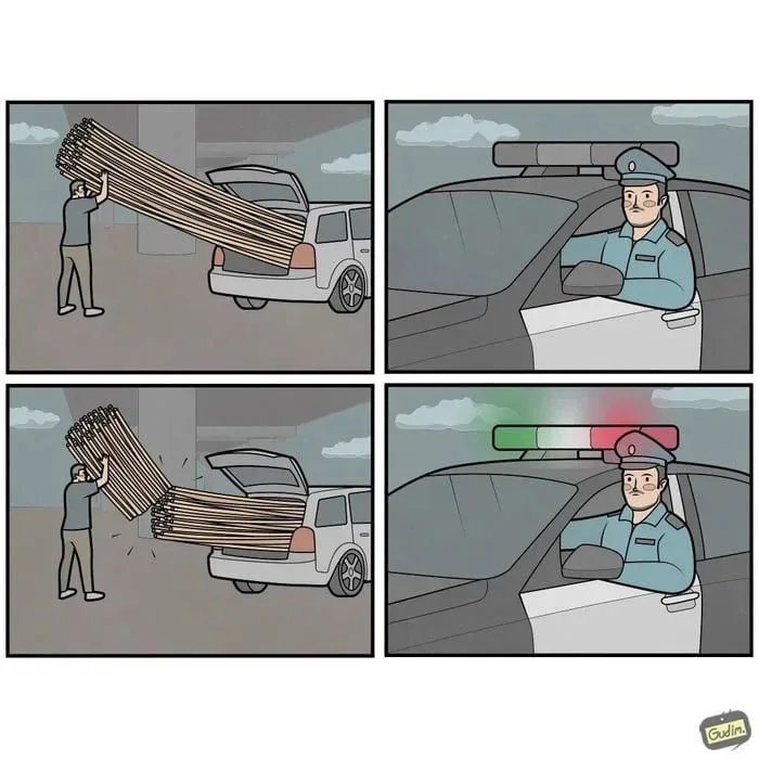 A man tries to load long sticks into a car trunk, but they are too long. A police officer watches from his patrol car. The man then breaks the sticks in half so they fit into the trunk. The police officer's car lights change to the colors of the Italian flag (green, white, red).