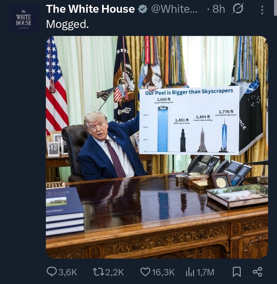 The White House. Mogged. Our Pool is Bigger than Skyscrapers. 2,030 ft Lincoln Reflecting Pool. 1,451 ft Willis (Sears) Tower. 1,454 ft Empire State Building. 1,776 ft One World Trade Center.