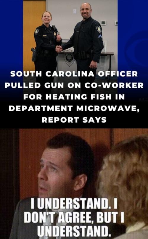 SOUTH CAROLINA OFFICER PULLED GUN ON CO-WORKER FOR HEATING FISH IN DEPARTMENT MICROWAVE, REPORT SAYS. I UNDERSTAND. I DON'T AGREE, BUT I UNDERSTAND.