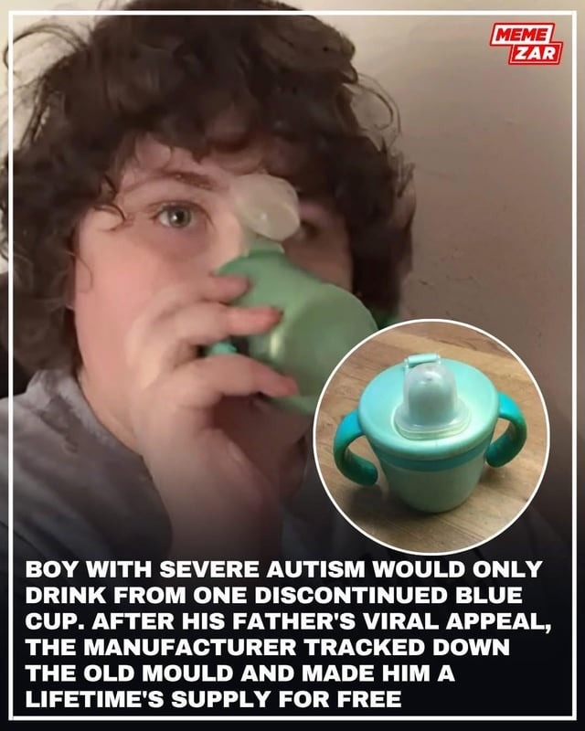 Boy with severe autism would only drink from one discontinued blue cup. After his father's viral appeal, the manufacturer tracked down the old mould and made him a lifetime's supply for free.