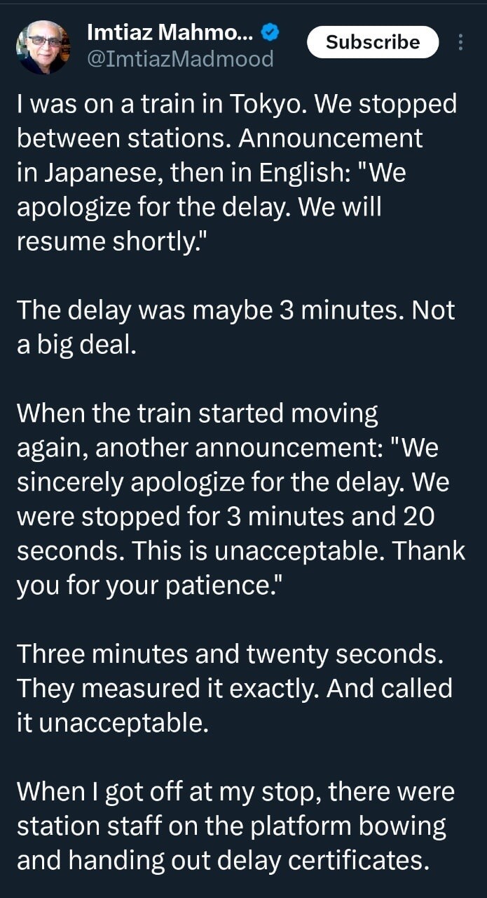 Imtiaz Mahmo... @ImtiazMadmood Subscribe
I was on a train in Tokyo. We stopped between stations. Announcement in Japanese, then in English: 