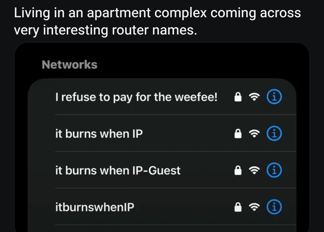 Living in an apartment complex coming across very interesting router names. Networks. I refuse to pay for the weefee! it burns when IP. it burns when IP-Guest. itburnswhenIP.