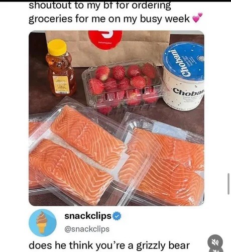 shoutout to my bf for ordering groceries for me on my busy week. Chobani Greek Yogurt. Honey. snackclips @snackclips. does he think you're a grizzly bear.